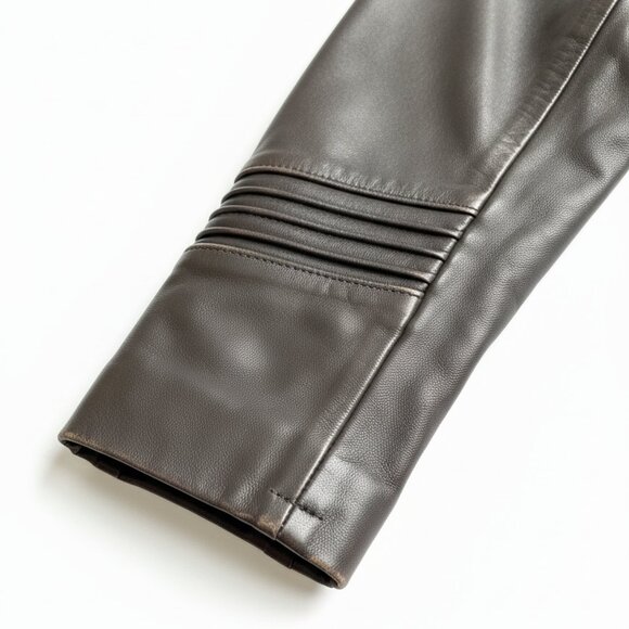 Tahari Dark Brown Genuine Leather Moto Jacket Women’s Medium – Zip Front - Picture 6 of 7